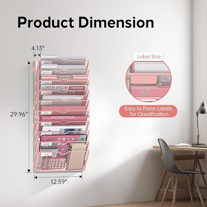 10 Tier Wall File Organizer Office Hanging Mail Holder Wall Mounted, Mesh Paper Document Organizer for Office Home School, Pink