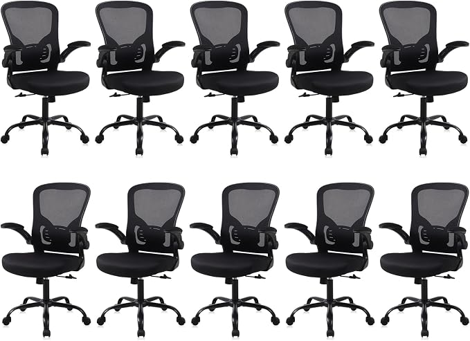 Flysky Mesh Office Chair, Ergonomic Computer Desk Chairs for Home Office - with Comfy/Comfortable Flip-up Arm Rests, Lumbar Support, Height Adjustable, 360 Degree Rolling Swivel (Black, 10 Pack)