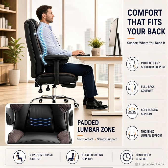 Big and Tall Office Chair，Heavy Duty Wide Executive Office Chair | Breathable Leather，Double-layered Backrest，Seat Cushion Designed of Deluxe Embroidery Leather，Foot Rest, Adjustable Armrests