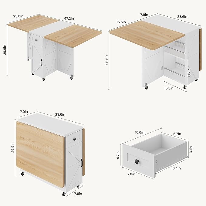 Jocoevol Folding Dining Table for Small Spaces, Foldable Kitchen Table with Drawer, 2-Tier Storage Shelf & Wheels, Space Saving Dining Table for 2 4, Farmhouse, Natural
