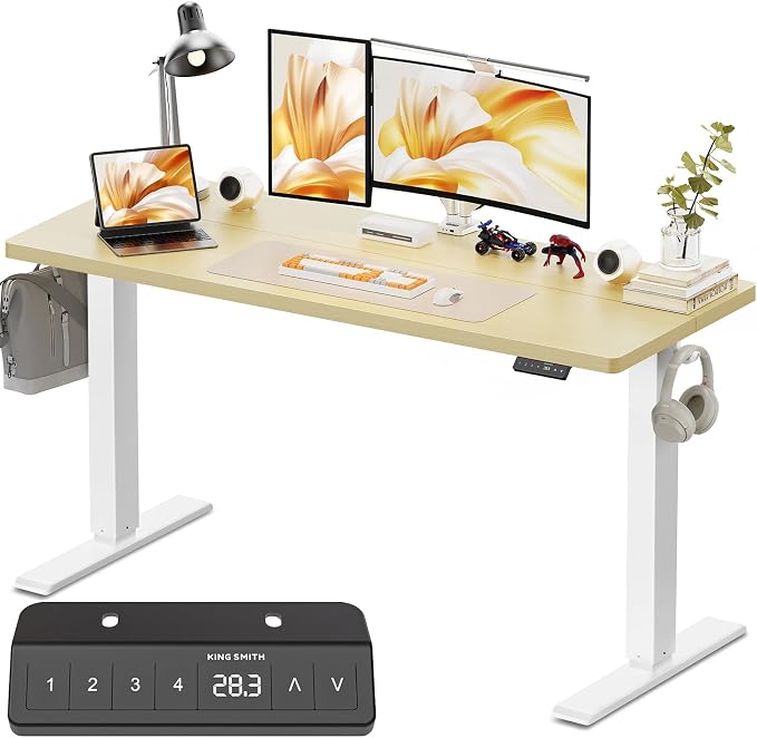 WALKINGDESK 55x24 Inches Height Adjustable Electric Standing Desk with 2 Hooks for Home Office, Ergonomic Sit Stand up Desk with Splice Board, Oak
