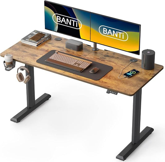 BANTI 55 x 24 Inches Standing Desk, Height Adjustable Electric Standing Desk, Stand up Table, Sit Stand Home Office Desk with Splice Board, Rustic Brown