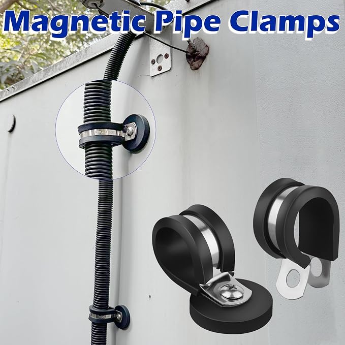Strong Magnetic Cable Clips, 5/8 Inch Stainless Steel Cable Clamps, 8 Pack Rubber Cushioned Insulated Clamps, Automotive Wire Clamp, Magnetic Pipe Clips for Pipe Wire Cord Tube Installation