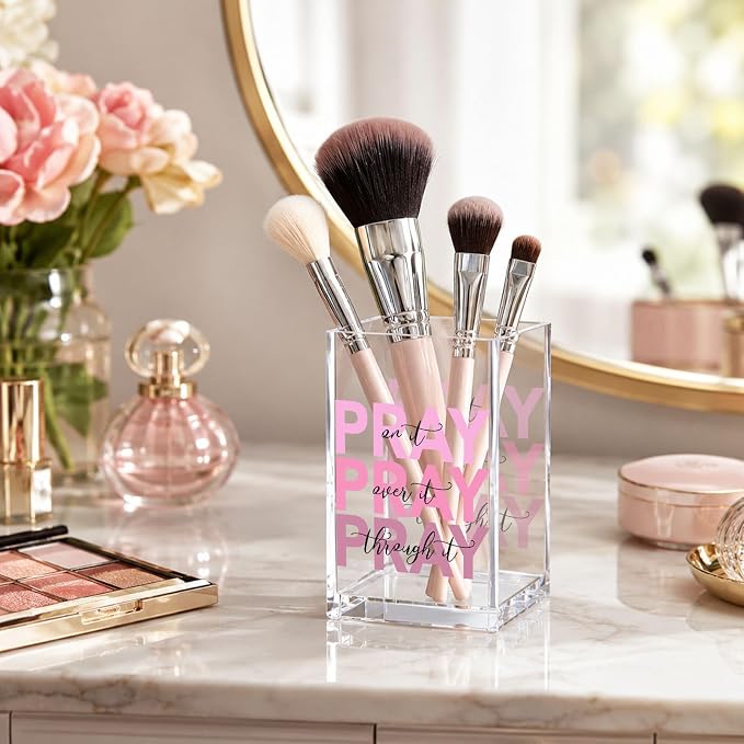 Christian Acrylic Pen Holder Cup, “Pray Over It Prays On It Pray Through It” Bible Verse Desk Decor, Pink Office Desk Organizer, Inspirational Gift for Women, Religious Desk Accessory