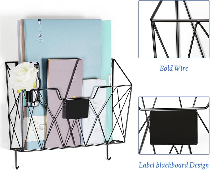 OYEAL Hanging Wall File Organizer, 6 Pockets Wall File Holder, Metal Mail Organizer Wall Mounted with Hooks for Papers, Folders, Office Magazine Rack, Black