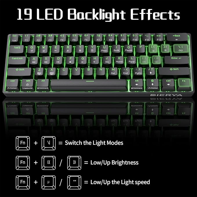 DIERYA 60% Mechanical Keyboard, DK61se Wired Gaming Keyboard with Red Switches, LED Backlit Ultra-Compact 61 Keys Mini Office Keyboard for Windows Laptop PC Gamer Typist（Black）