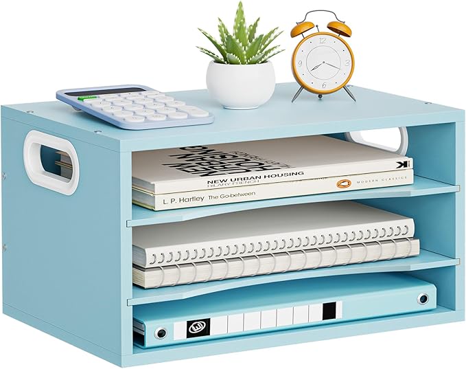 Marbrasse 3 Tier Wood Desk Organizer,Desk Paper Letter Tray Organizer，Blue | Wooden Desktop File Organizer with Handle and Paper Sorter Mail Holder for Office School & Home Supplies Organization