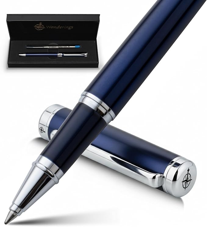 WANDERINGS Premium Rollerball Pen with German Ink – Perfectly Balanced for a Superb Writing Experience, Chrome Accents – Blue Breeze - Includes a Schmidt Refill in a Giftable Presentation Case