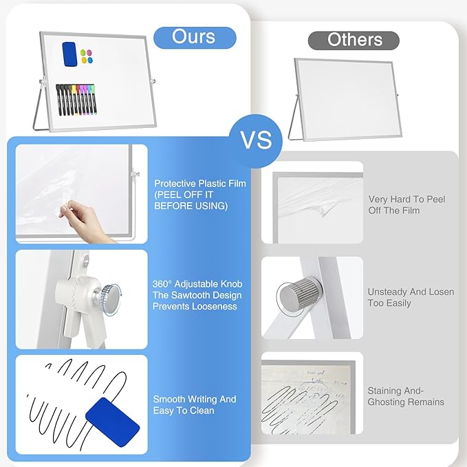 Magnetic Desktop Whiteboard with Stand, 16'' x 12'' Double-Sided Dry Erase White Board, 10 Markers, 4 Magnets, 1 Eraser, Portable White Board Easel for Adults Drawing Desk School to Do List