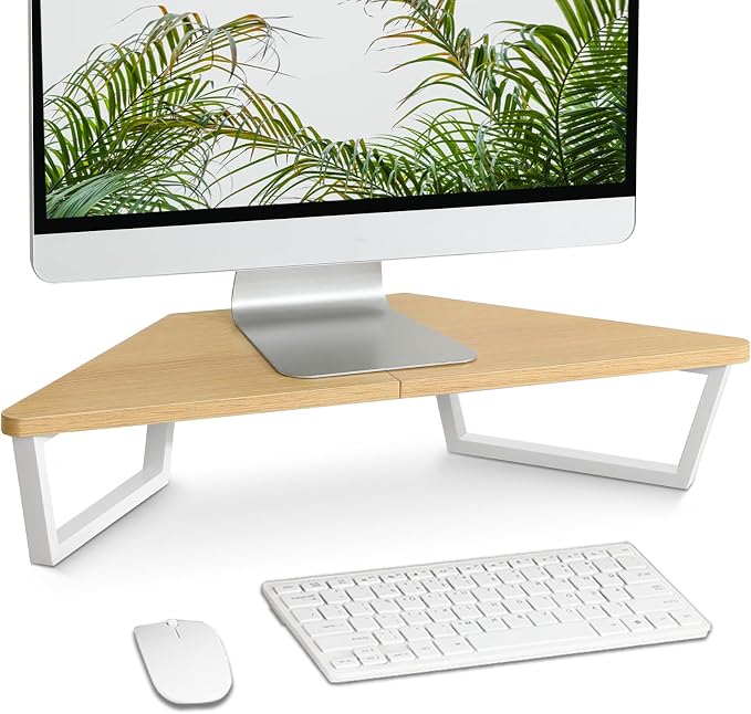 TEAMIX 26 inch Triangle Monitor Stand Riser, Desktop Corner Stand with Metal Leg Wood Computer Stand with Storage Laptop Riser Office Organization (Maple)