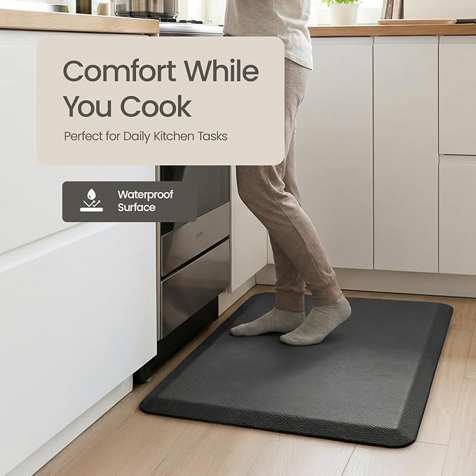 Anti Fatigue Kitchen Mats for Floor | Padded Kitchen Rugs | Non Slip, Cushioned Standing Desk Mat | Waterproof Floor Mat for Home and Office | 17.3" x 28" X 0.47", Black, 1-Pack | More Décor