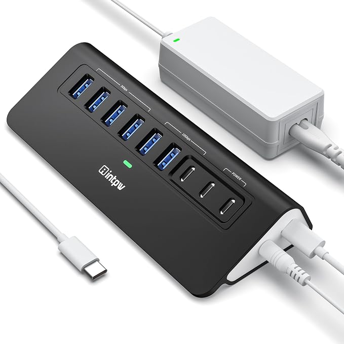 Powered USB Hub 10Gbps,intpw YH6AC 9-Port USB Splitter with USB A/USB C 3.2, 4 USB 3.0, 2 PD 45W Charging Ports, 65W Power Adapter and 3.3FT Cable, Aluminum Black USB Hub for Laptop/PC,iPhone 16/15