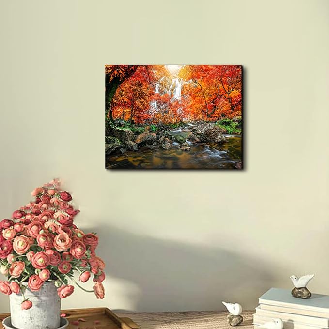 Sunset Waterfall Wall Art Burnt Orange Wall Decor Nature Tropical Forest Landscape Photo Canvas Prints Picture for Living Room Bedroom 12x16”, Trees Painting River Scenery Artwork Home Decorations