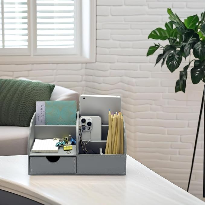 UnionBasic Desk Organizer - Multifunctional Leather Desktop Pen Holder Storage Box - Business Card/Pen/Pencil/Mobile Phone/Stationery Holder, Grey | Pen Holder Storage Box, Business Card/Pen/Pencil Holder, Mobile Phone Holder, Stationery Holder