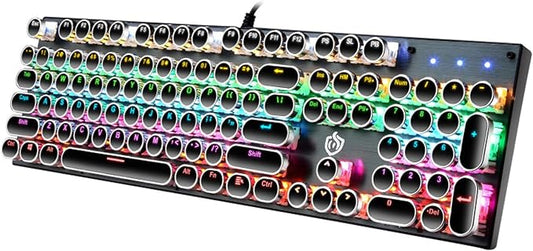 Typewriter Style Mechanical Gaming Keyboard LED Backlit Wired with Blue Switch Retro Round Keycap 104 Keys Keyboard (Black 104 Keys LED)