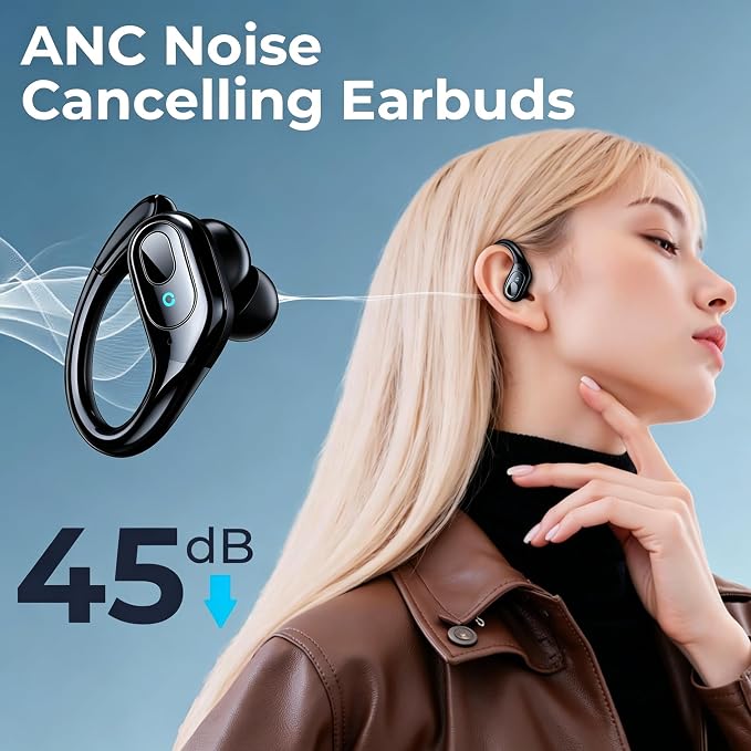 occiam Active Noise Cancelling Earbuds Wireless Bluetooth Headphones Ear Buds 90Hrs Playback Stereo Bass Earphones with Mic Over-Ear Hooks IPX7 Waterproof Headset for Work Sports Running Glossy Black