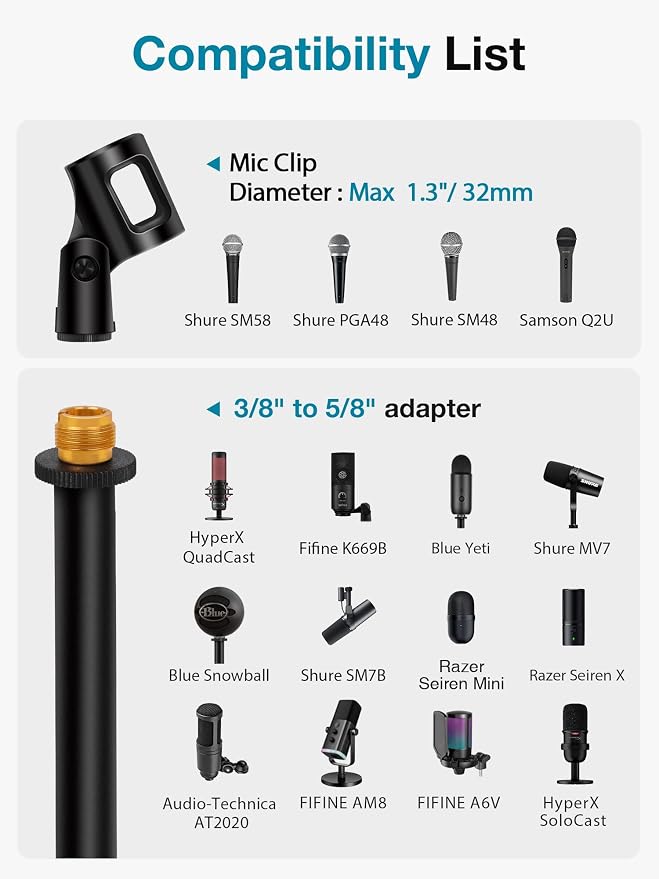 InnoGear Desktop Microphone Stand, 1 Pack Upgraded Adjustable Table Mic Stand with Mic Clip and 5/8" Male to 3/8" Female Screw for Blue Yeti Snowball Spark & Other Microphone
