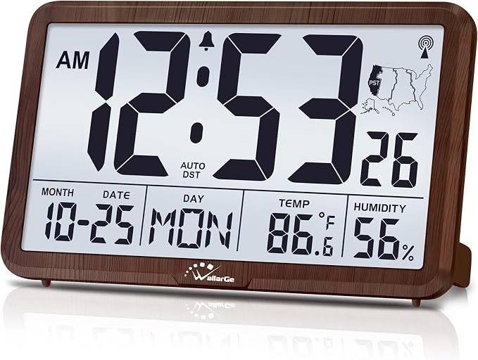 WallarGe Atomic Wall Clock with Backlight, Battery Operated | Large Digital Display, Indoor Temperature, Humidity, Date, AUTO DST, 6 Time Zones