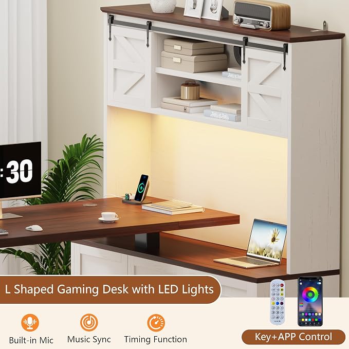 71" LED L Shaped Standing Desk with Hutch and Drawers, Farmhouse | Height Adjustable Corner Desk, Sit Stand Office Deskwith 4 AC Outlets & Type C, Executive Computer Desk with Cabinet, White