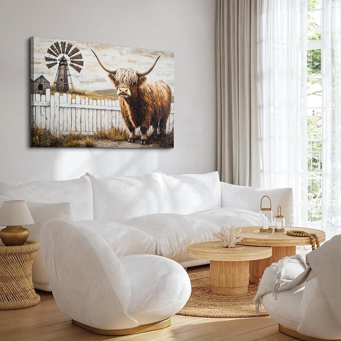Rustic Cattle Canvas Wall Art Vintage Barn Painting Wall Decor Western Farm Longhorn Cow Pictures for Bedroom Autumn Wild Animal Poster Prints Modern Large Artwork for Living Room Decorations 32x48"