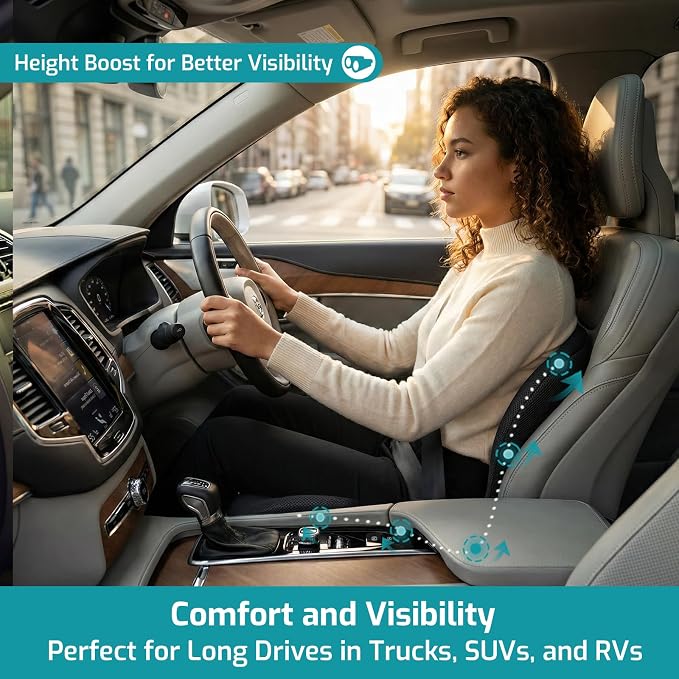 Trucker Seat Cushion, Thick Car Seat Cushions with Lumbar Support Pillow, Ergonomic L-Shaped Orthopedic Memory Foam for Long Driving Lower Back Pain Sciatica Relief, Gift for Drivers (Black+WE)