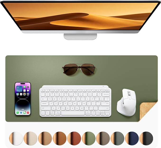 Aothia Dual-Sided Desk Mat - Natural Cork & Leather Desk Protector, Large Mouse Pad & Writing Pad for Office/Home, Olive Green (25.6"x13.7")