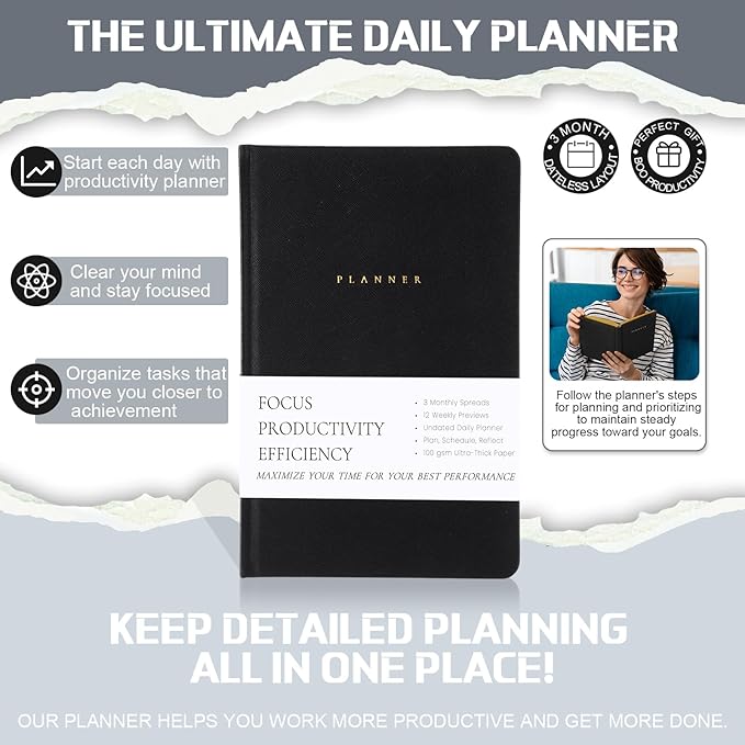 Productivity 3-month Planner Undated Daily Weekly Monthly Planner with Hardcover, Setting Guided Journal for Time Management, Habit Tracking, Self Care & Organization(Black)