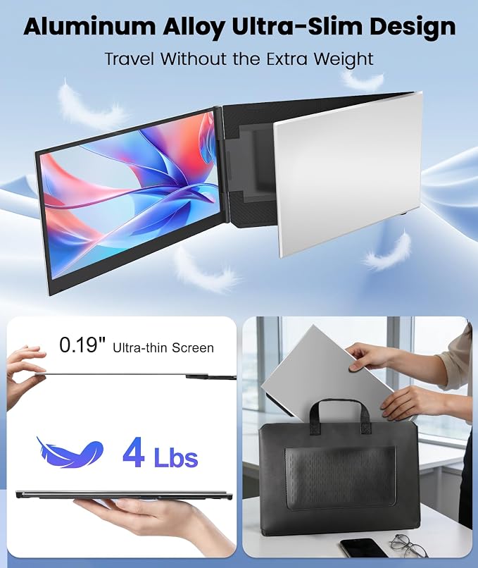 One Cable Laptop Screen Extender, 15.6” Ultra-Slim Triple Portable Monitor, 1080P FHD IPS Display, USB-C/A Connection, Travel Monitor for 13–17.3" Laptops, Mac/Windows/Android (Driver Required)