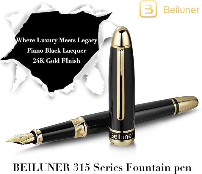 BEILUNER 315 Black Fountain Pen,Stunning Luxury Pens with 24K Gold Accents, Gorgeous 24K Gilded Nib(Fine), Ink Converter,Fancy Pen Gift for Men&Women-Elegant, Office, Graduation, Nice Design