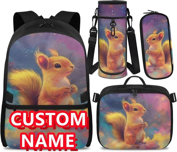 Doojoayie Custom Name School Backpack for Girls Squirrel Bookbag with Lunch Box Kawaii Kids Backpack Ages 7-8 Girls Personalized School Supplies for Primary 1st Grade Schoolbag Traval Back Pack