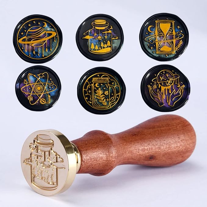 Wax Seal Stamp Kits, 6 pcs Wax Stamp Brass Head & 1 Wooden Handle, 6 Designs (Magic Hourglass/Planet/Space/Magic Forest/Mason Jar)