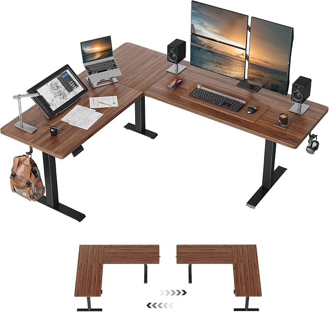 CubiCubi L Shaped Standing Desk 75 x 63 Inch Adjustable Height, Electric Corner Desk, Sit Stand Home Office Desk with Splice Board, Black Walnut(2 Packages