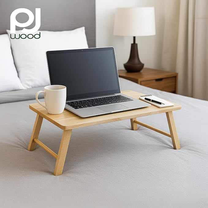 PJ Wood Folding Laptop Desk Tray, Lightweight Portable Table for Bed or Couch Computer Work, Eating at Home, Small Spaces, 24 Inch, Natural