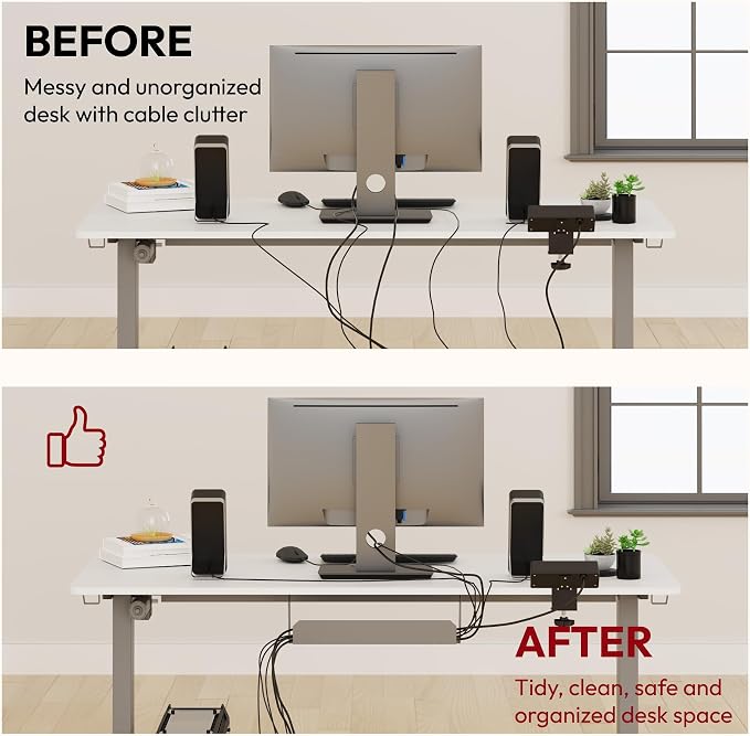 SANODESK Electric Standing Desk with Desk Clamp Power Strip 55"x 28" Whole-Piece Desktop Height Adjustable Stand Up with Cable Management Sit Stand Home Office Desk Silver Frame/White Top