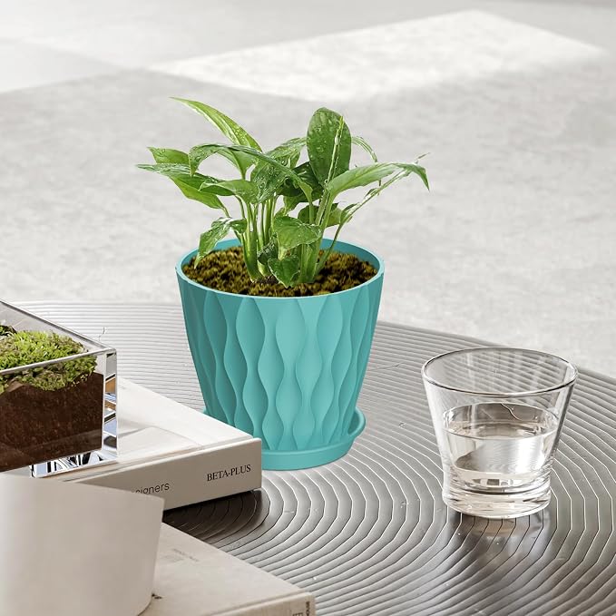 UOUZ 12 Pack 4 Inch Small Plant Pots with Saucers, Waffle Texture Plastic Planters with Drainage Holes for Indoor and Outdoor Plants, Flowers, Herbs, Succulents, and Seedlings, Blue