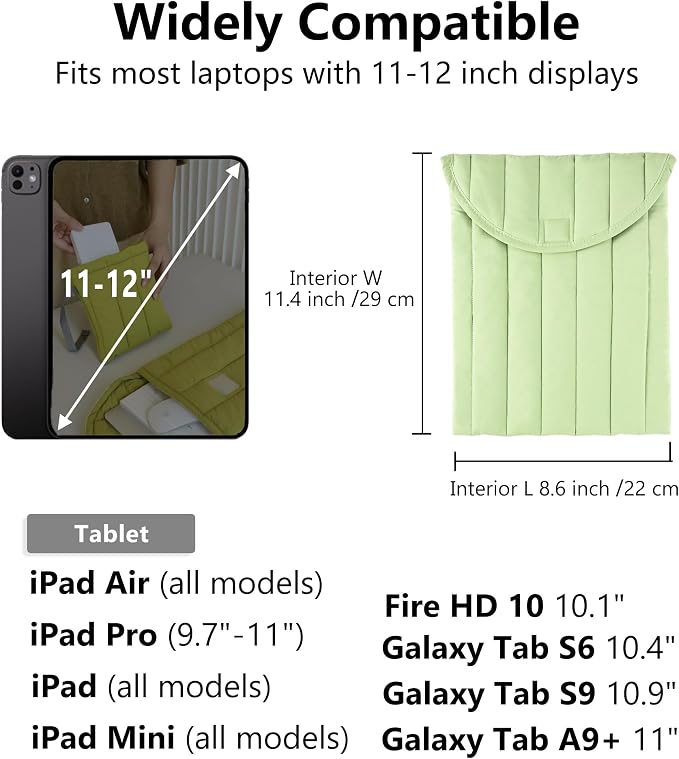 Puffy Laptop Sleeve 11-12 Inch Mint Green, Protective Carrying Case for Men and Women, Cute Case Bag Compatible with 11 and 12 Inch Laptops, 10.9" Ipad 10, 10.2" Ipad 7 8 9 in Cover