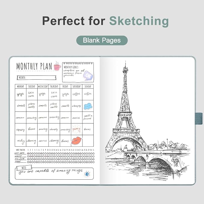 AHGXG Blank Journal Notebook, 160 Pages, A5 Medium Size (5.7'' x 8.3''), 120 GSM Thick Paper, Leather Hardcover, for Sketching, Drawing, Painting (Gray Blue)