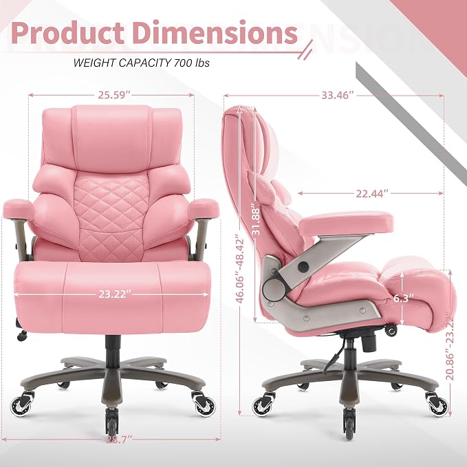 VUZI 700lbs Big and Tall Office Chair, Large Executive Leather Desk Chair | Adjustable Lumbar Support for Back Pain, Plus Size Wheels, 3D Flip Arms, Heavy Duty Metal Base, Wide Seat Computer Chair