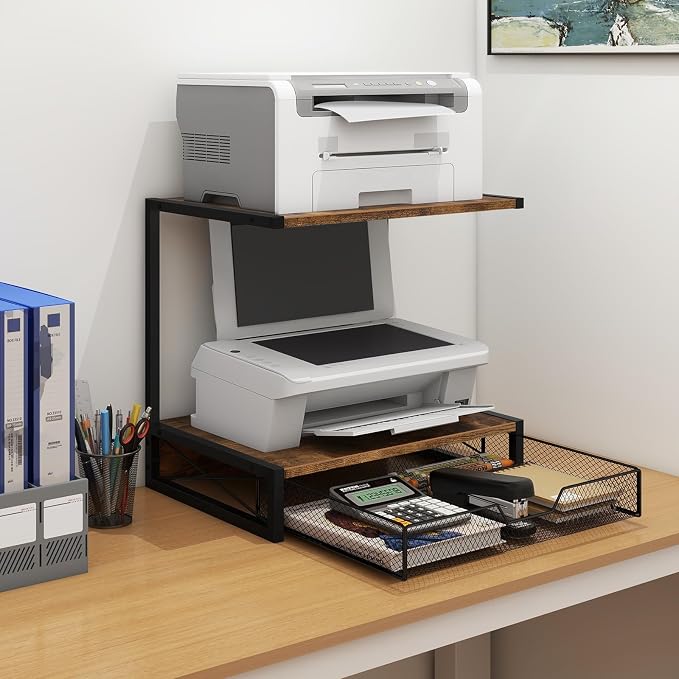 ELITEROO 2-Tier Desk Printer Stand with Storage Drawer, Wood Printer Stand | Small Printer Table with Shelf for Desktop, for Home Office, Fits Fax Machine, Scanner, 3D Printer, Rustic Brown