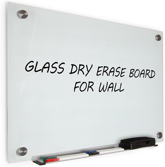 Real Glass Dry Erase Board, 18" x 24", Tempered Glass Surface, Frameless Wall Mount, with 4 Assorted Color Markers and Eraser, by Better Office Products (Bright White)
