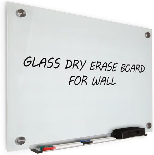 Real Glass Dry Erase Board, 18" x 24", Tempered Glass Surface, Frameless Wall Mount, with 4 Assorted Color Markers and Eraser, by Better Office Products (Bright White)
