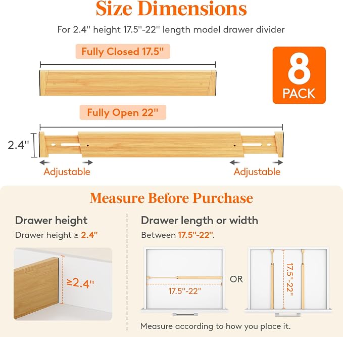 Lifewit 2.4" High 8 Pack Bamboo Drawer Dividers 45-55cm/17.5-22" Adjustable Wooden Drawer Organizer for Clothes/Utensils, Expandable Drawer Separator for Dresser/Kitchen/Bedroom/Office Organization