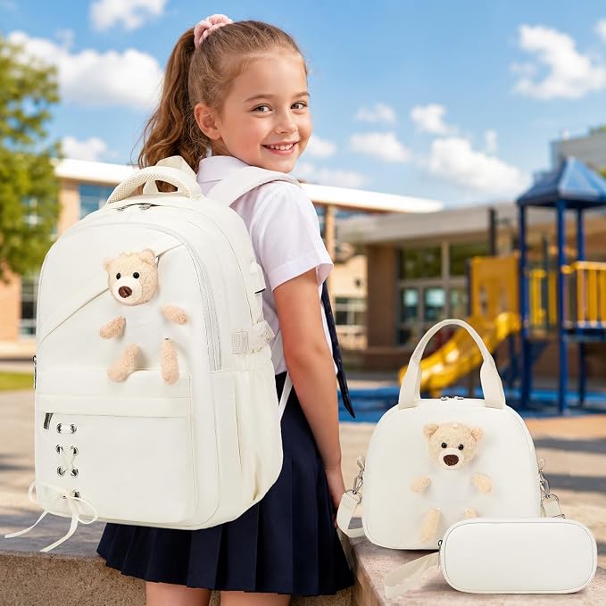 ACESAK School Backpack for Girls - 3 PCS Cute Girls Backpack with Lunch Box & Pencil Case - Kawaii Casual Kids Bookbag School Bag Daypacks Set for Elementary Middle High School Student Teens (Beige)