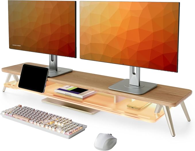 Fenge 42.5 Inch Monitor Stand with LED Lights, Dual Monitor Riser with Acrylic Shelf & Aluminum Legs, Desk Monitor Shelf for Home Office & Gaming, Dark Oak