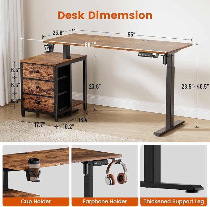 REAHOME 55 Inch Rustice Brown Height Adjustable Standing Desk with Drawers | Dual Motor Sit-Stand Frame With 3 Memory Presets, Printer Cabinet, Hooks & Cable Management For Home Office Gaming Desk