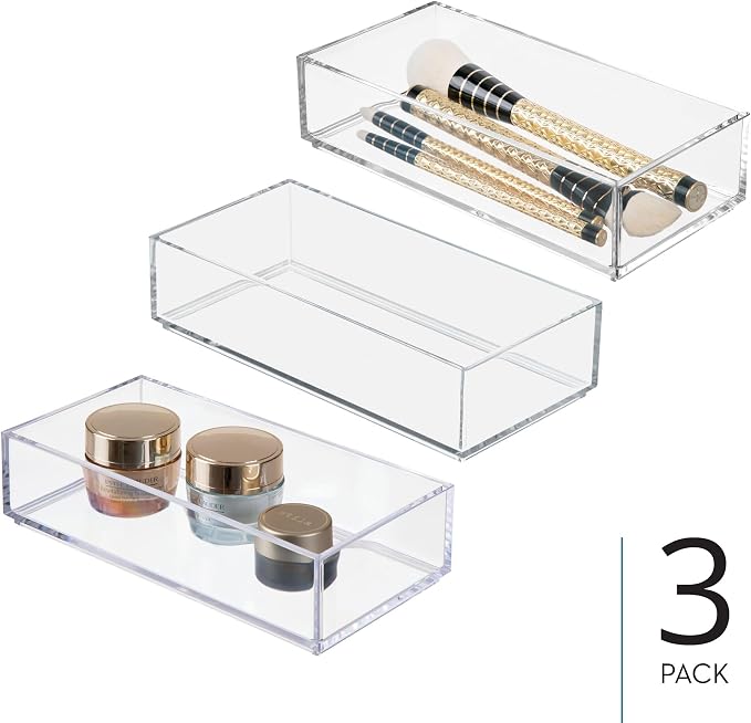 iDesign Stackable Makeup Drawer Organizer, Set of 3, Clear | Vanity Organizer, Desk Organizer