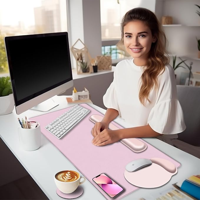 LIMKRIAN Pink Mouse Pad Set, Complete XXL Desk Mat with Ergonomic Keyboard Support & Coaster, Featuring Mouse Pad with Gel Wrist Rest for Pain Relief, Soft Pink Home Office Gaming Accessories Gift