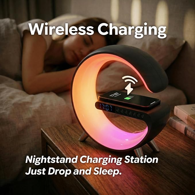 Smart LED Table Lamp for Bedroom with Wireless Charging Bluetooth Speaker, App Controlled Night Light for Kids, Christmas Birthday Gifts for Teens Adults Desk Office Bedroom Decor (Black