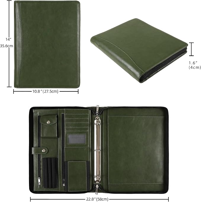 Green Leather Padfolio for Women/Men, Business 3 Ring Portfolio Binder, Personalized Zippered Organizer for A4 Notepad & 13-inch Laptop/Tablet