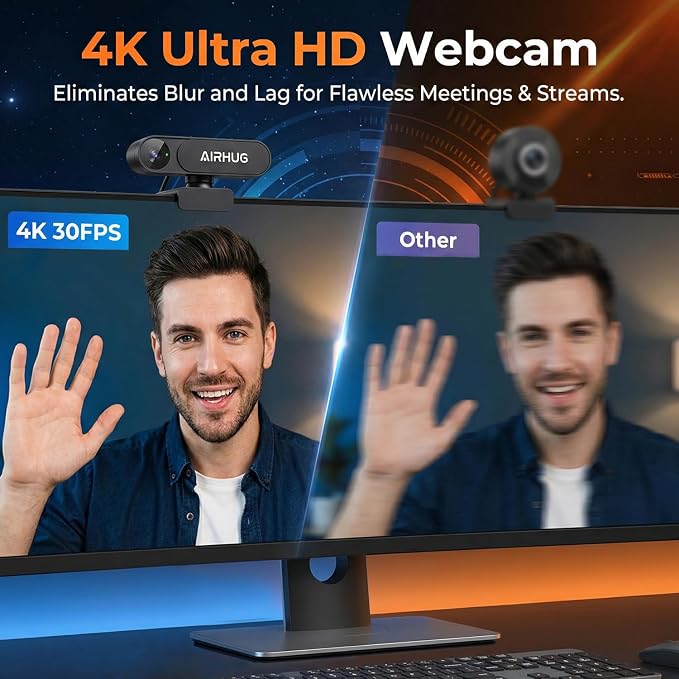 AIRHUG 4K UHD USB Webcam No Mic 16MP Sony Sensor, Privacy Cover for Secure Meetings - PDAF Fast Focus, 63° Gold FOV, Auto Light Correction, Streaming Camera (No Audio) for PC/Laptop/Desktop